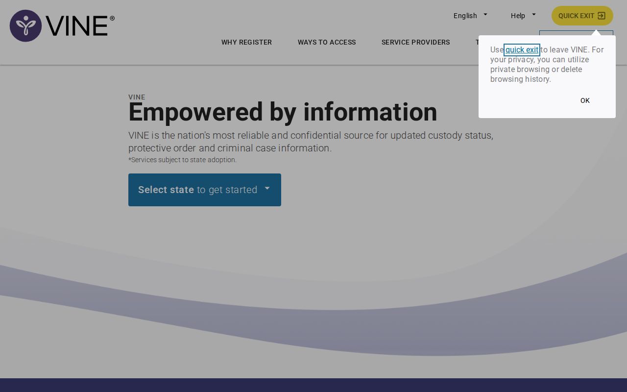 VINELink interface for selecting North Carolina