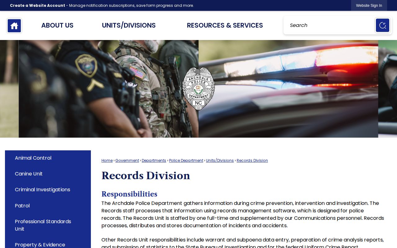 Archdale Police Records Division report availability and in-person copy information